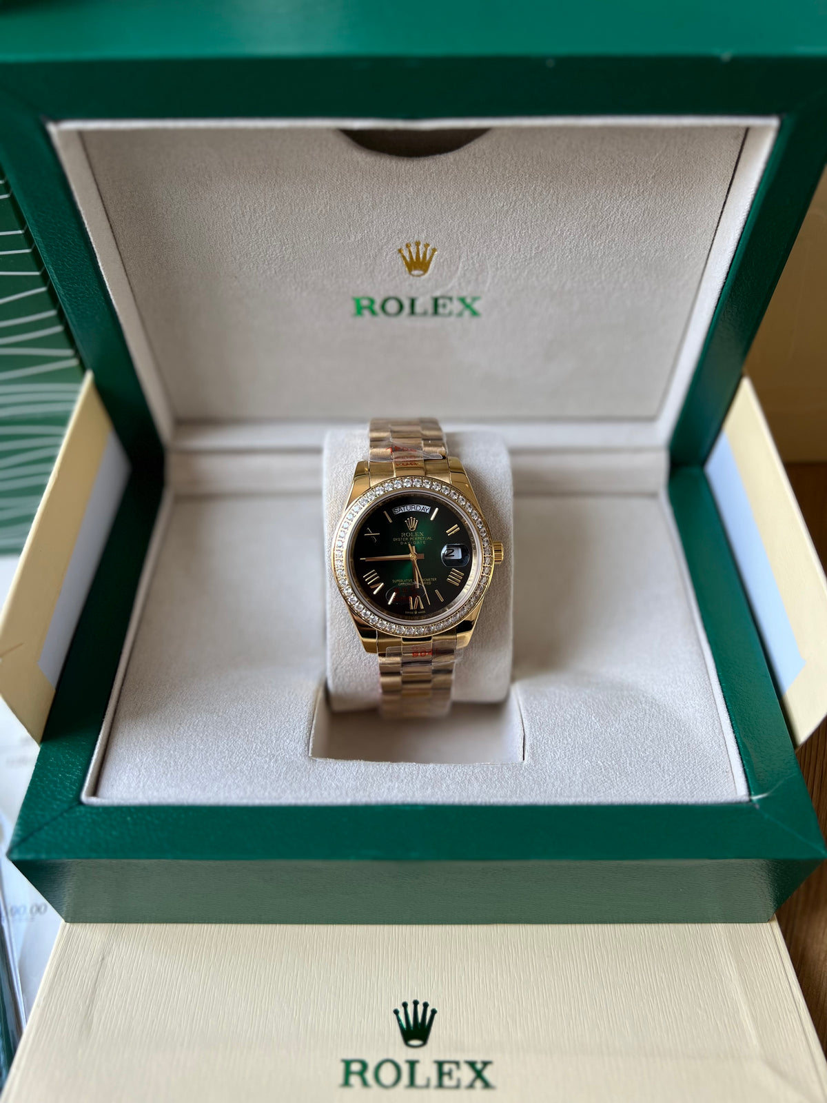 Rolex Day-Date Gold and Green Dial With Diamonds 40 mm